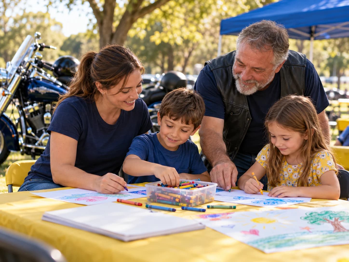 Two volunteers helping children draw at a colorful outdoor activity table