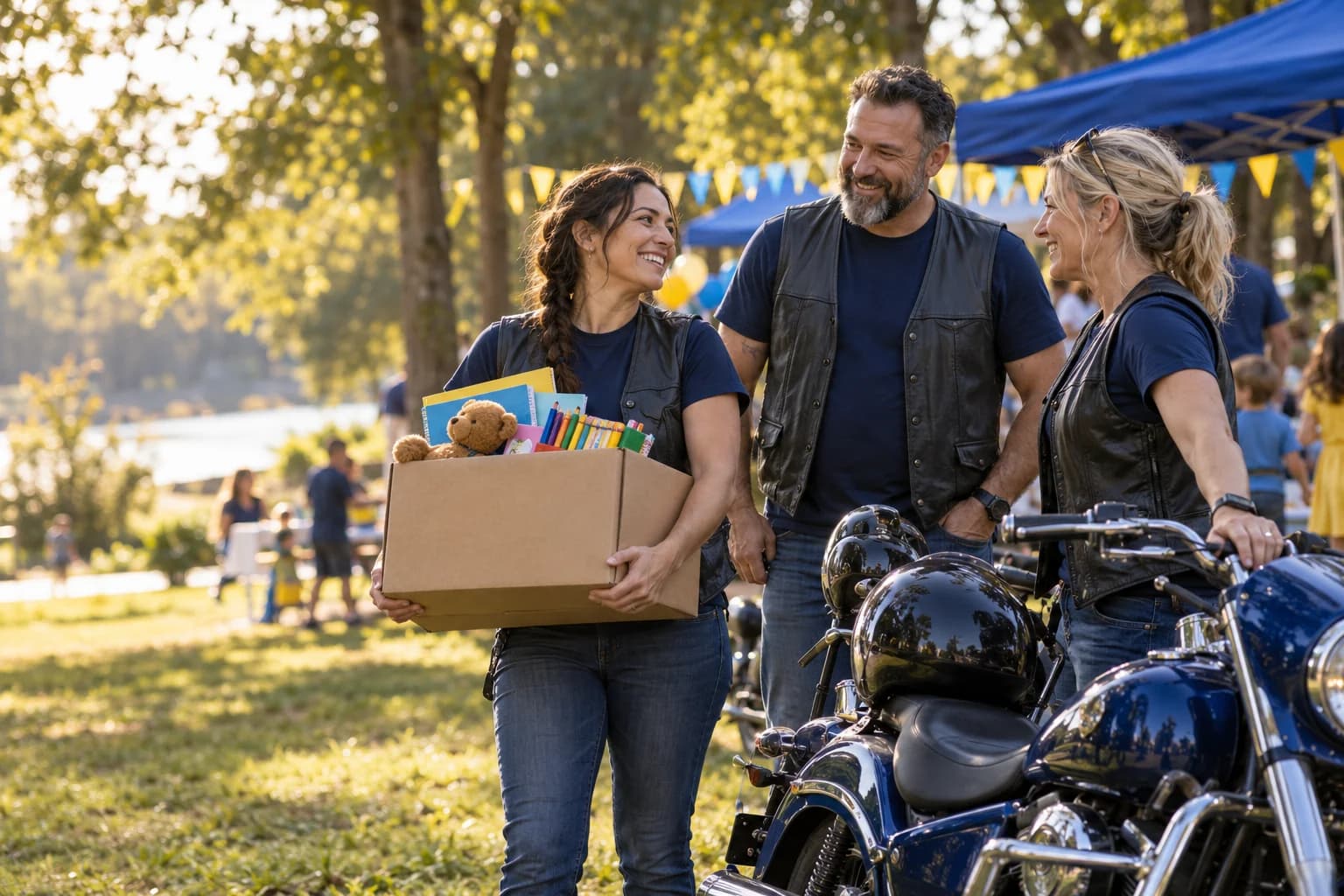 Rider volunteers arriving with a box of children's supplies at an outdoor gathering