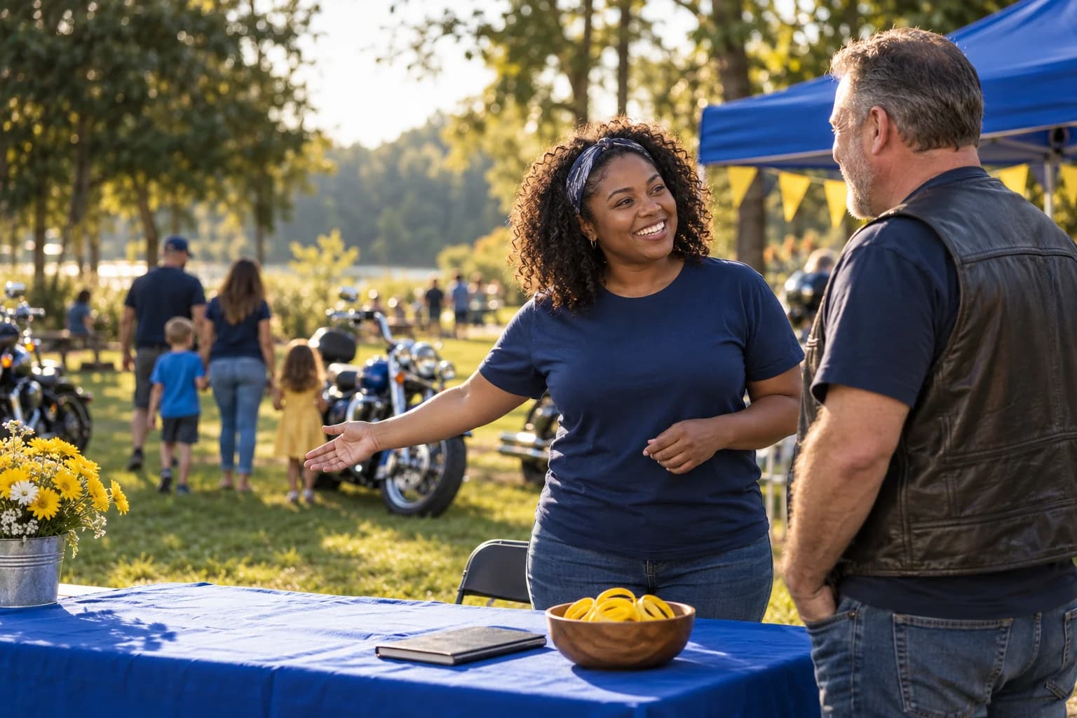 A volunteer welcoming a rider to an outdoor community gathering