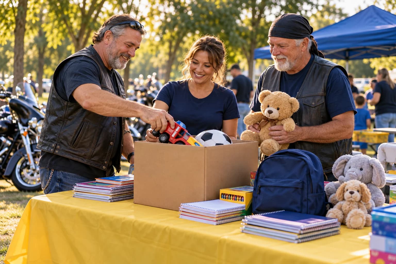 Motorcycle riders and volunteers collecting toys and school supplies for children