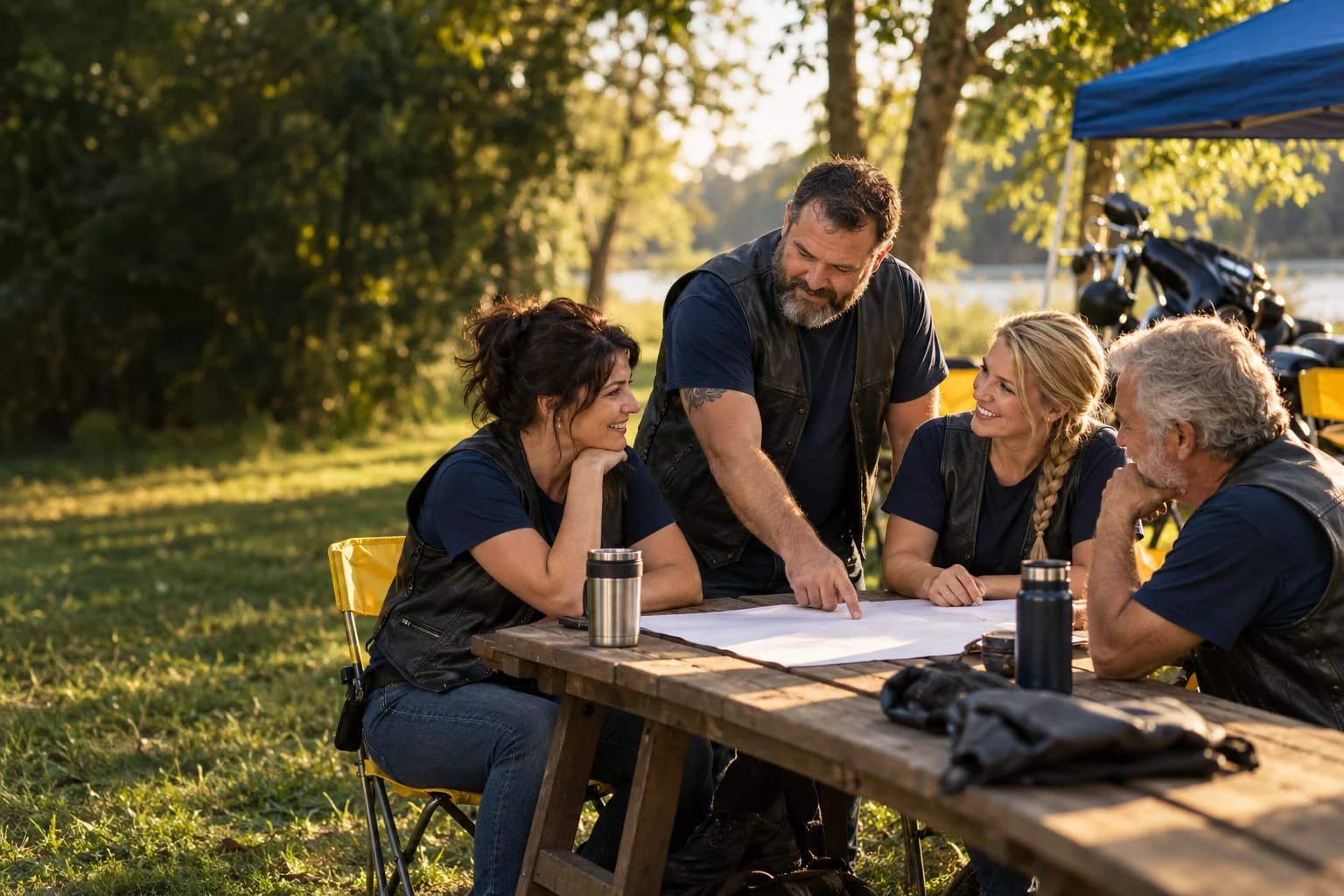 Rider volunteers discussing children's activities around a table in the park
